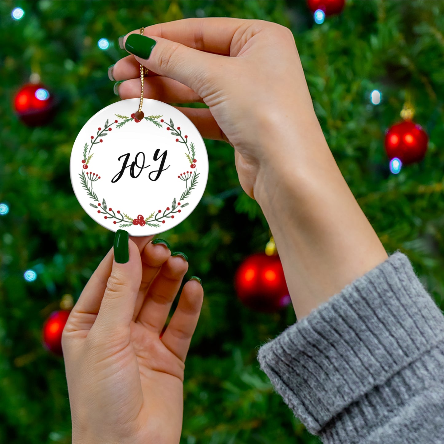 Joy, Christmas, Ceramic Ornament, Holidays, Wreath, Holly