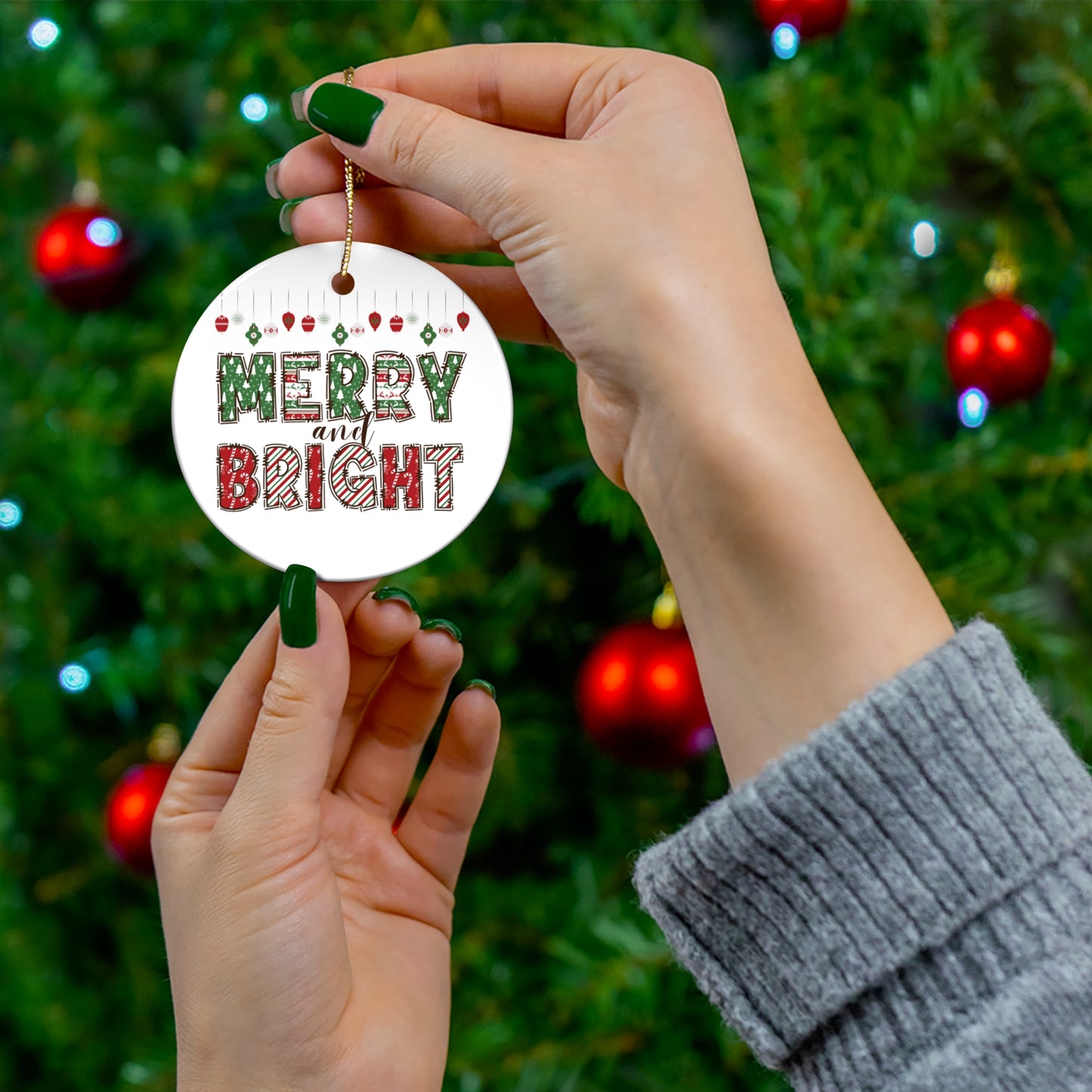 Merry and Bright, Christmas, Ceramic Ornament, Holidays, Santa