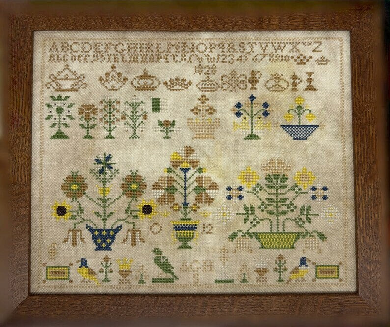 SamBrie Stitches Designs Flowers and Crowns Reproduction Sampler Cross Stitch Chart, Cross Stitch Pattern, Pattern Only