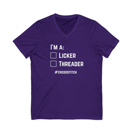 I'm A: Licker or Threader? Crossstitch V-Neck T-Shirt
