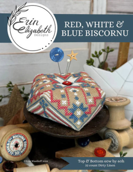 Erin Elizabeth Designs Red White & Blue Biscornu, Cross Stitch Chart, Cross Stitch Pattern, Pattern Only